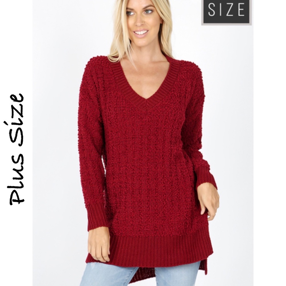 Cabernet red V neck cable popcorn knit long sleeve sweater Plus Size 1X 2X 3X